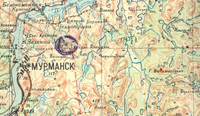 Фрагмент полетной карты штурмана 46-го ШАП ВВС СФ 1941-го года с районом вероятного места боя и гибели Филиппова С.Д., на карте выделена высота 310 - гора Вычимвайвенч (кружочком обозначен район аэродрома Ваенга-2).